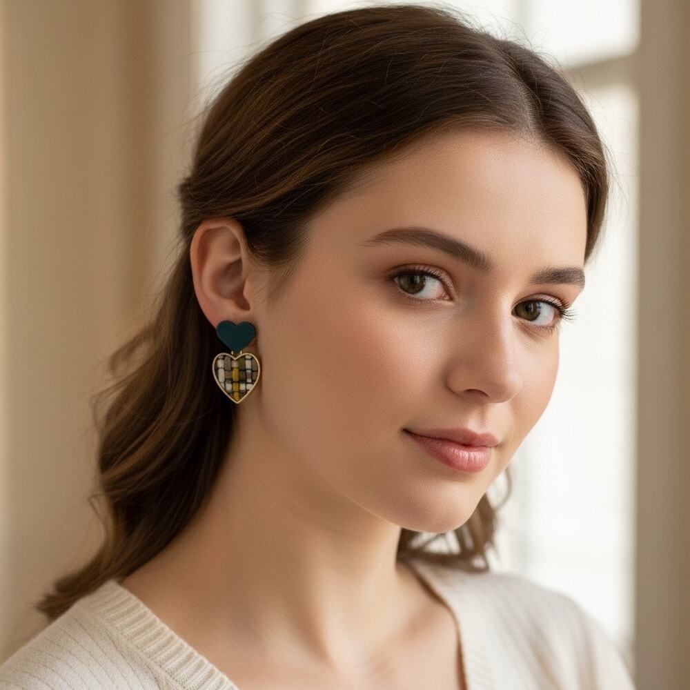 3/$25 - Soigne Green Heart Earrings Woven Detail Stud Dangle